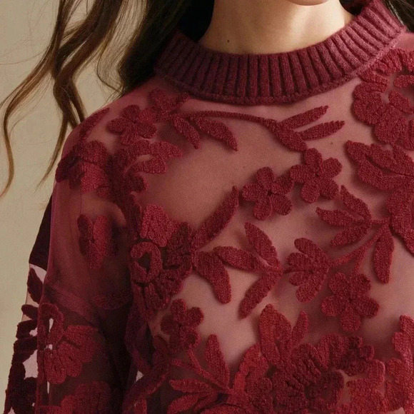 Burgundy Casual Women's Floral Pattern Round Neck Long Sleeve Knit Sweater - Picture 3 of 6